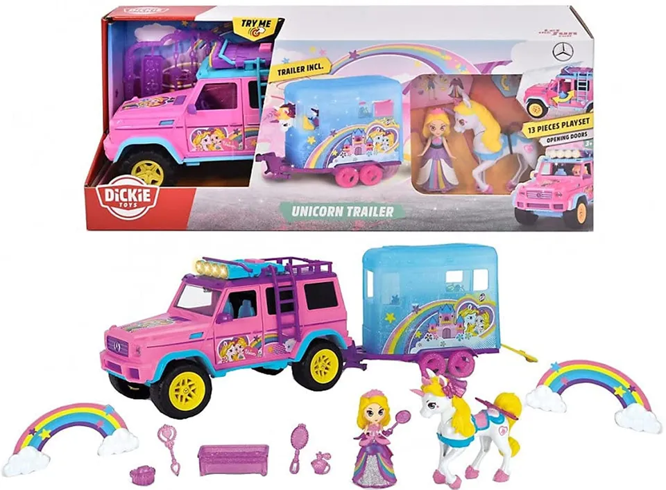 dickie-go-real-unicorn-trailer-einhorn-truck-mit-pferdeanh-nger image 1