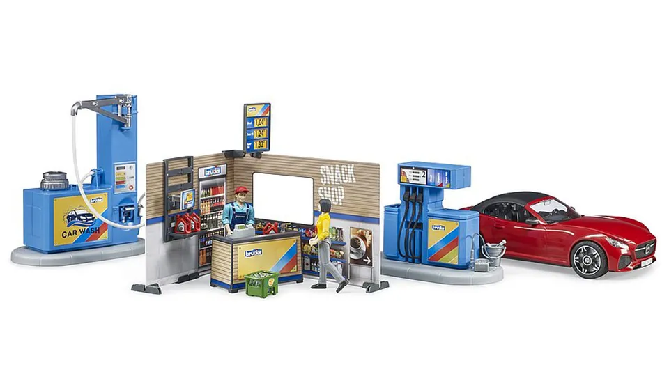 bruder-bworld-62111-tankstelle-spielset-mit-roadster image 1