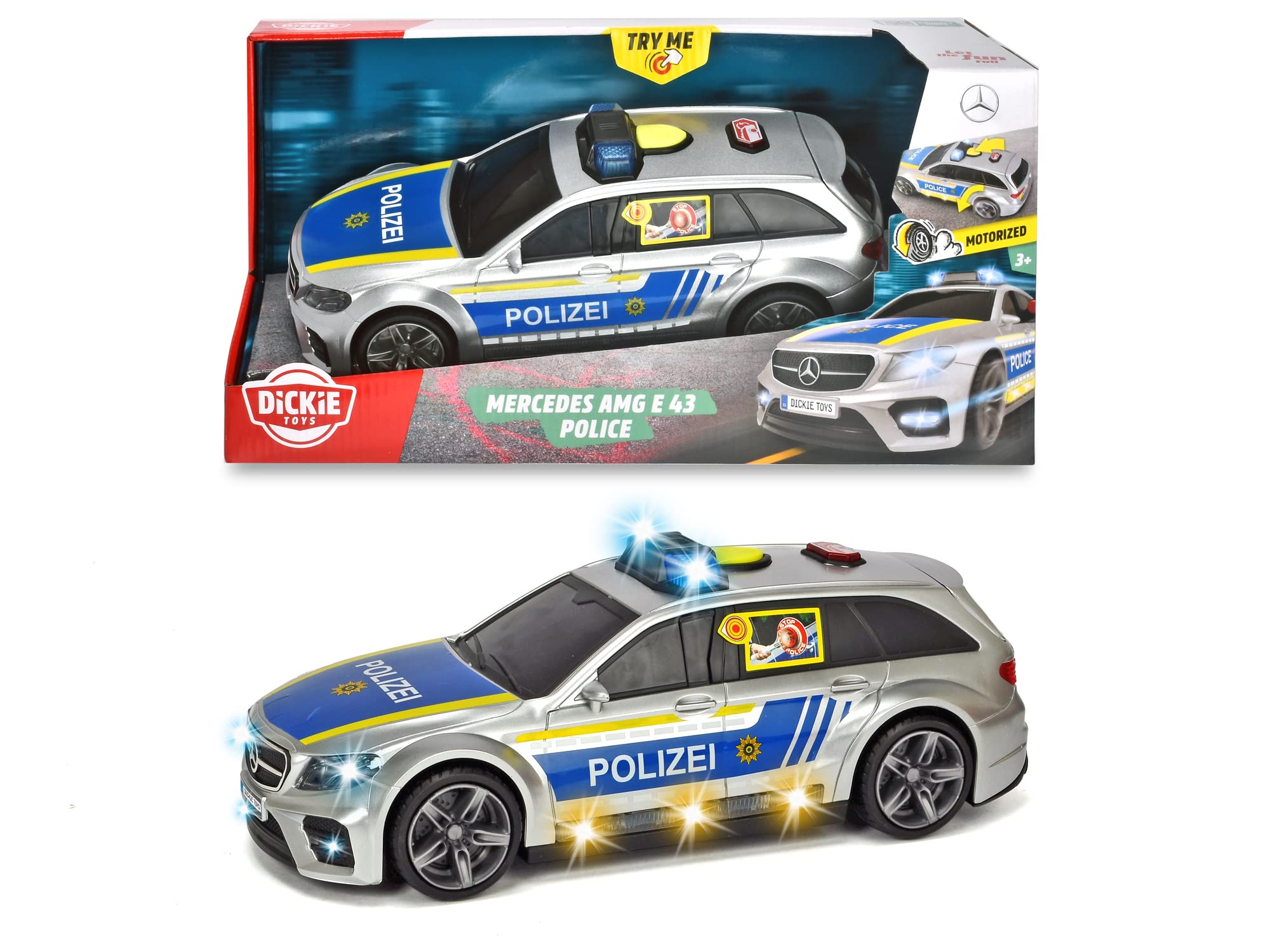 dickie-toys-sos-mercedes-amg-e43-polizeiauto-30cm-silber-blau-sound image 1